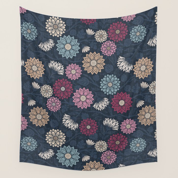 Mums and Vines Floral Burgundy Blues Wall Tapestry Gallery Image 4