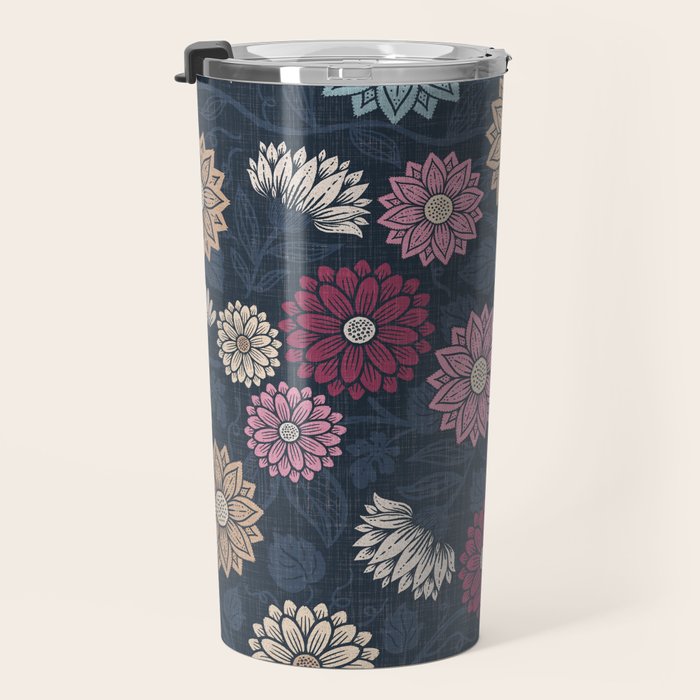 Mums and Vines Floral Burgundy Blues Travel Mug Gallery Image 3