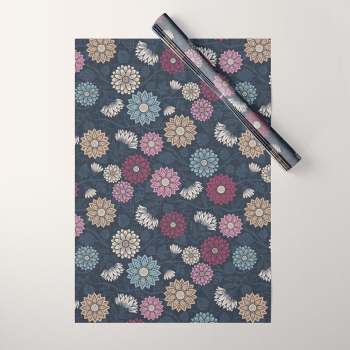 Mums and Vines Floral Burgundy Blues Wrapping Paper Gallery Image 1