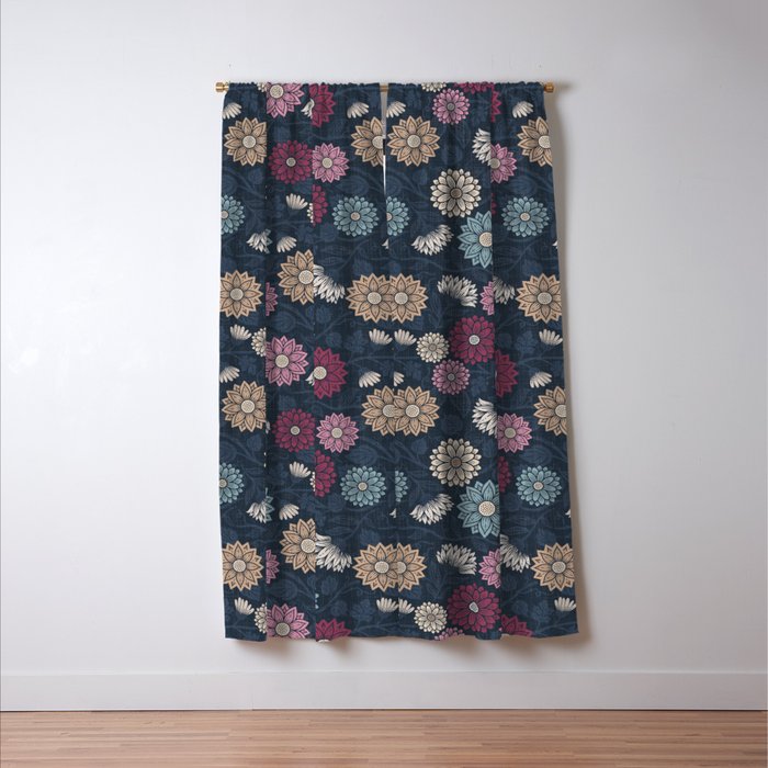 Mums and Vines Floral Burgundy Blues Window Curtain Gallery Image 3