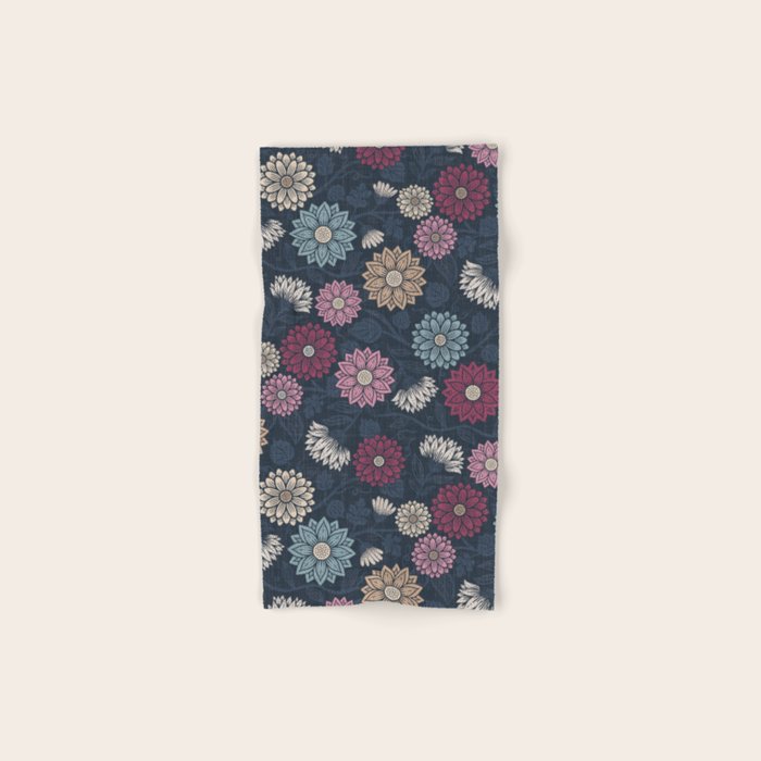 Mums and Vines Floral Burgundy Blues Bath Towel Gallery Image 1