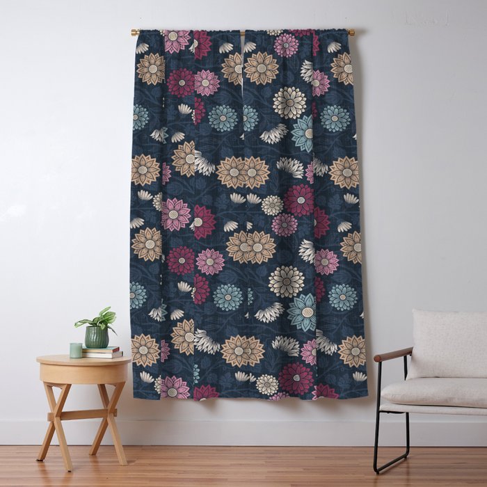 Mums and Vines Floral Burgundy Blues Window Curtain Gallery Image 1