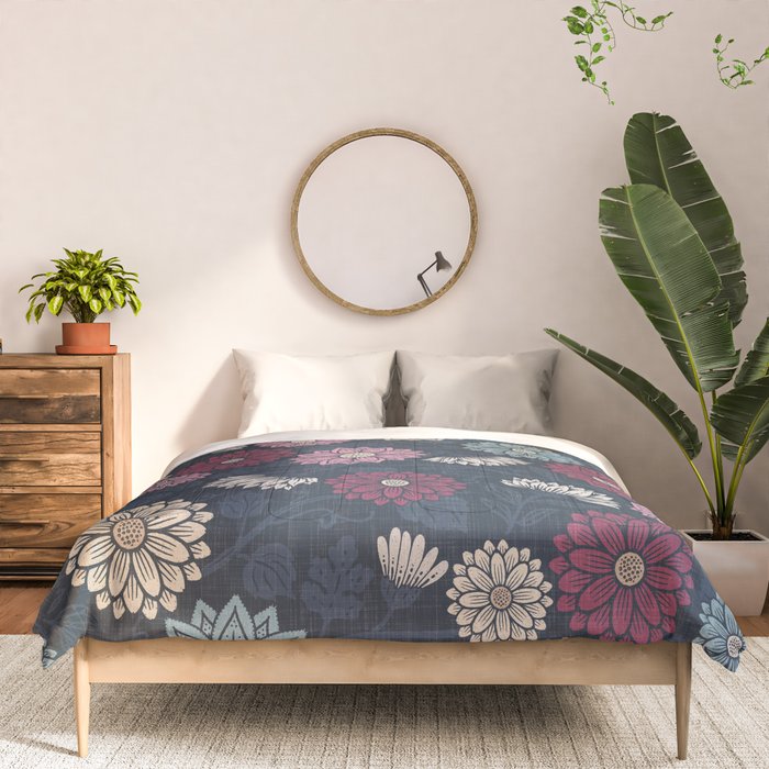 Mums and Vines Floral Burgundy Blues Comforter Gallery Image 3