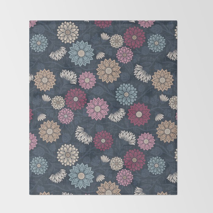 Mums and Vines Floral Burgundy Blues Throw Blanket Gallery Image 2