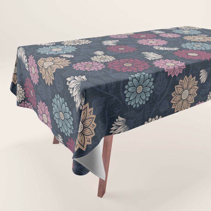 Mums and Vines Floral Burgundy Blues Tablecloth Gallery Image 1