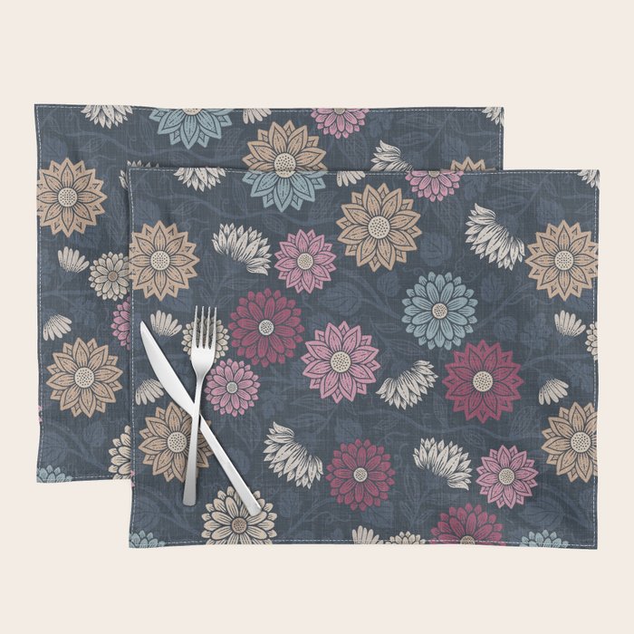 Mums and Vines Floral Burgundy Blues Placemat Gallery Image 1