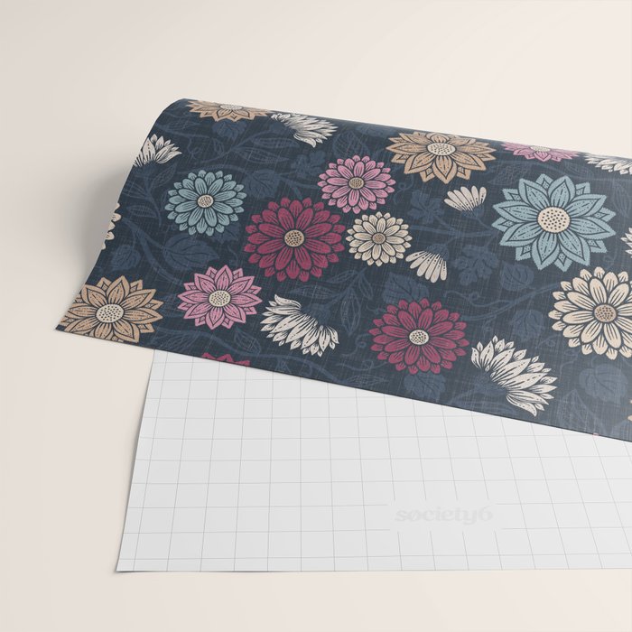 Mums and Vines Floral Burgundy Blues Wrapping Paper Gallery Image 2