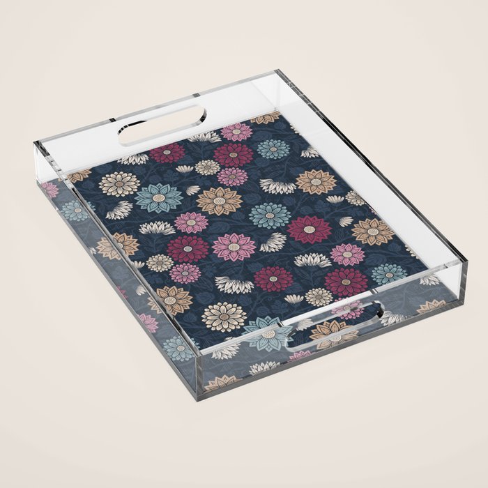 Mums and Vines Floral Burgundy Blues Acrylic Tray Gallery Image 1