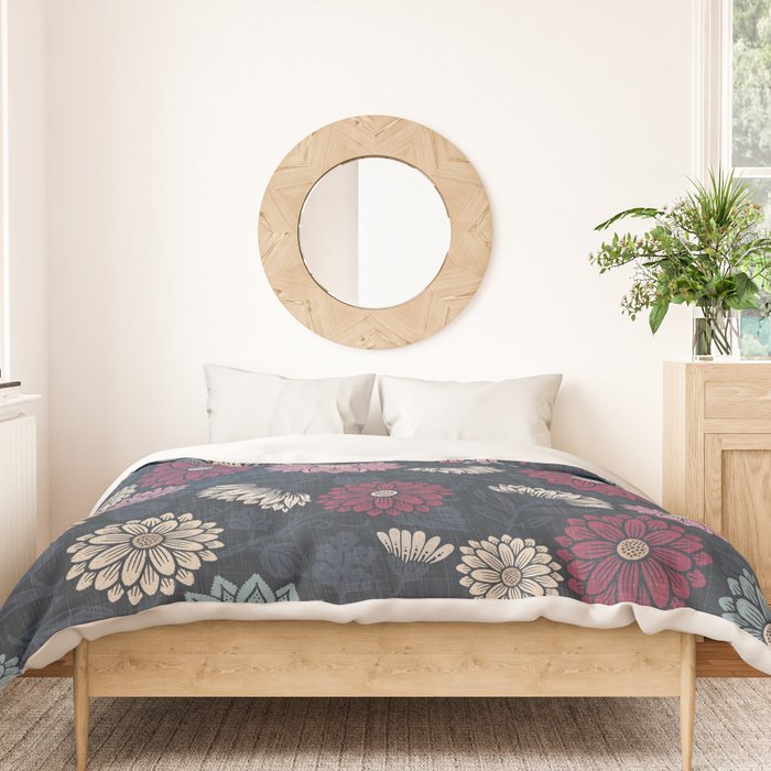 Mums and Vines Floral Burgundy Blues Duvet Cover Gallery Image 3