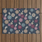 Mums and Vines Floral Burgundy Blues Outdoor Rug Gallery Image 1