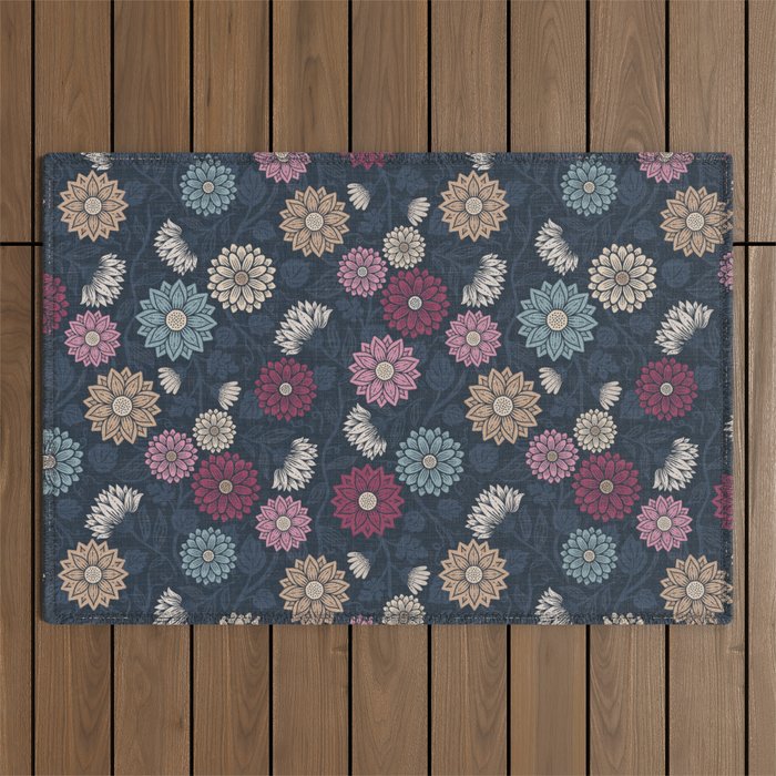 Mums and Vines Floral Burgundy Blues Outdoor Rug Gallery Image 1