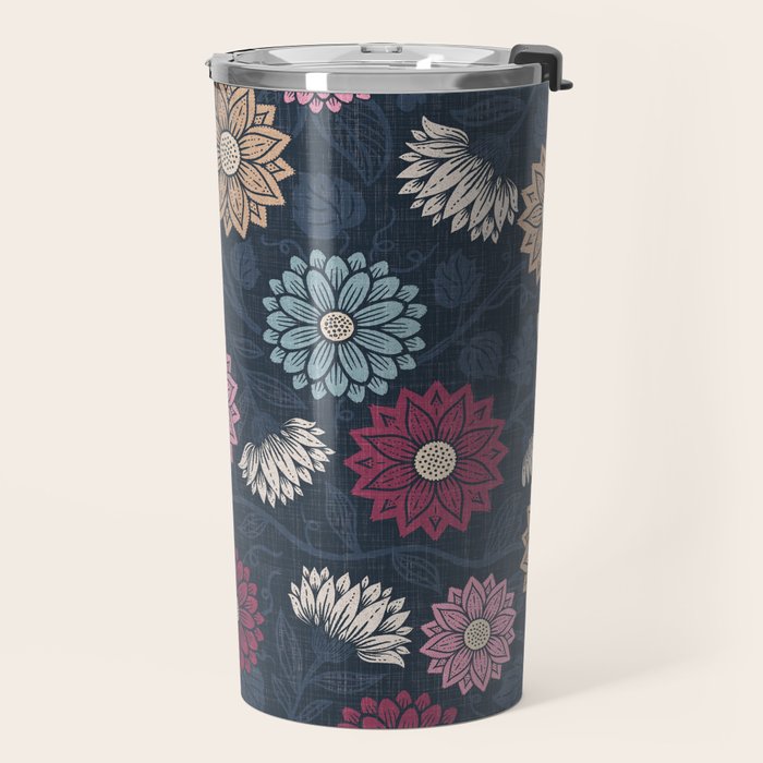 Mums and Vines Floral Burgundy Blues Travel Mug Gallery Image 2