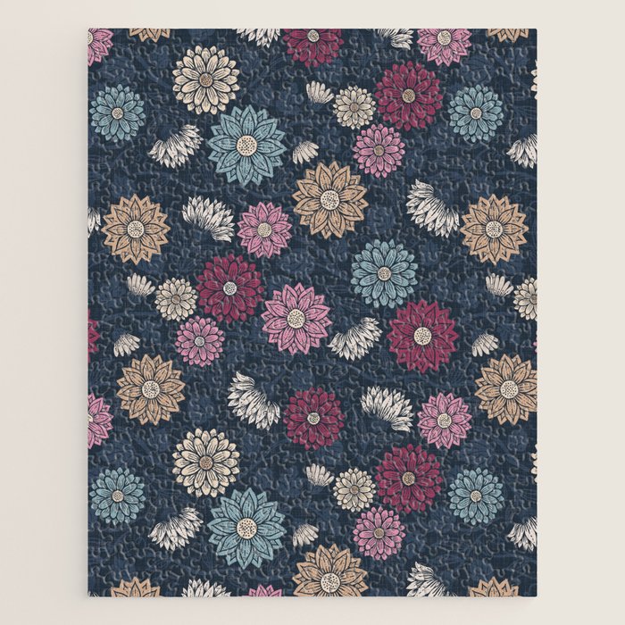 Mums and Vines Floral Burgundy Blues Jigsaw Puzzle Gallery Image 1