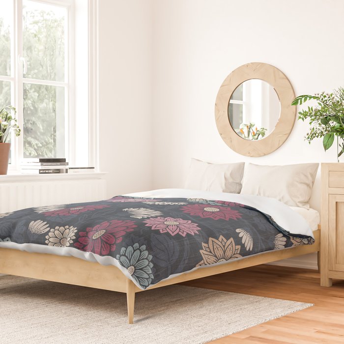 Mums and Vines Floral Burgundy Blues Duvet Cover Gallery Image 2