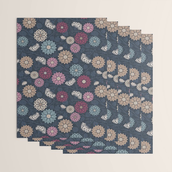 Mums and Vines Floral Burgundy Blues Wrapping Paper Gallery Image 3