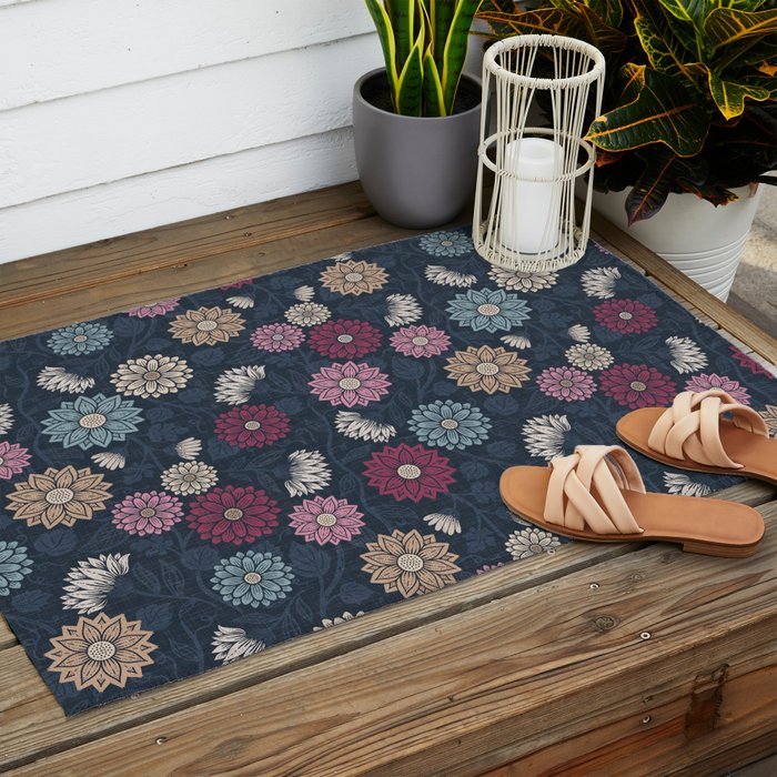 Mums and Vines Floral Burgundy Blues Outdoor Rug Gallery Image 2