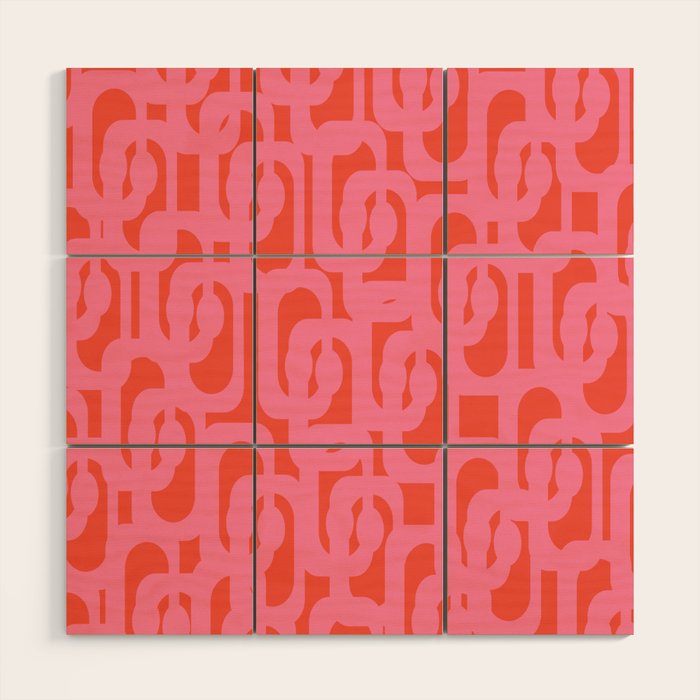 Contemporary Abstract Loop Pattern in Pink and Orange Red Wood Wall Art Gallery Image 1