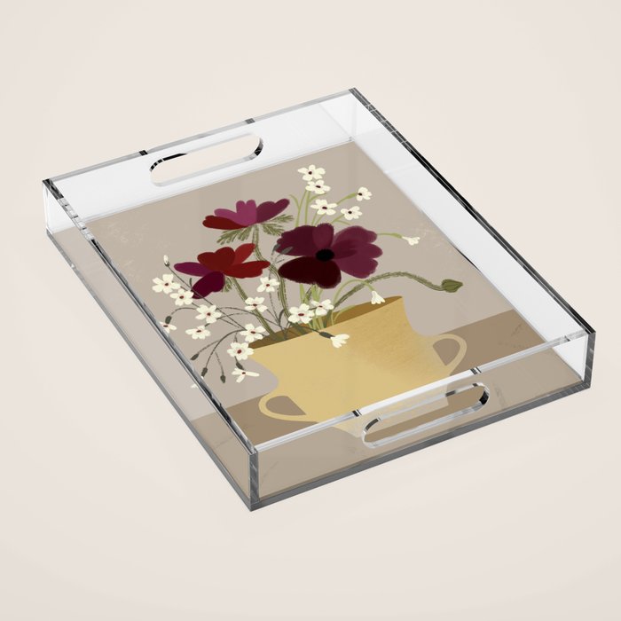 illustration of a cozy field bouquet of bright pink flowers in a vase  Acrylic Tray Gallery Image 1