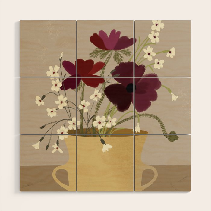 illustration of a cozy field bouquet of bright pink flowers in a vase  Wood Wall Art Gallery Image 1