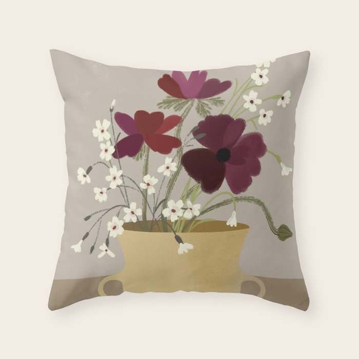 illustration of a cozy field bouquet of bright pink flowers in a vase  Throw Pillow Gallery Image 6