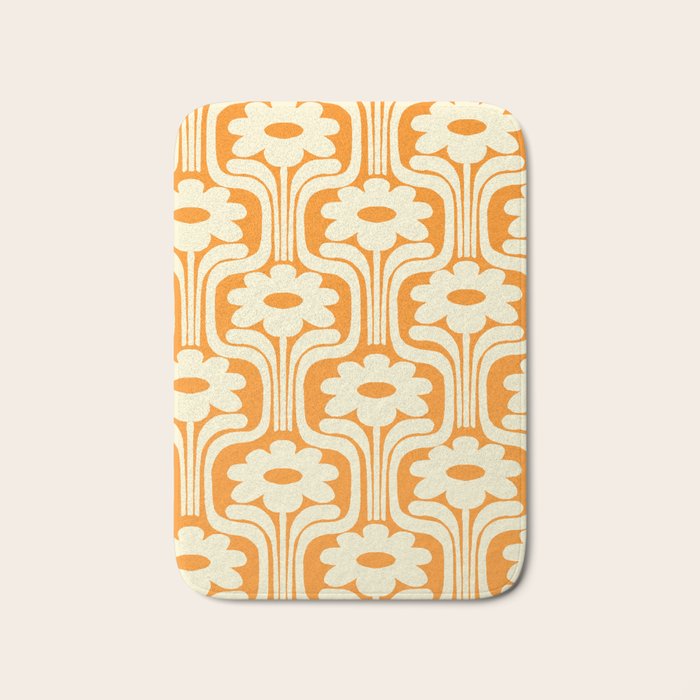 70s Orange Flower Pattern Bath Mat