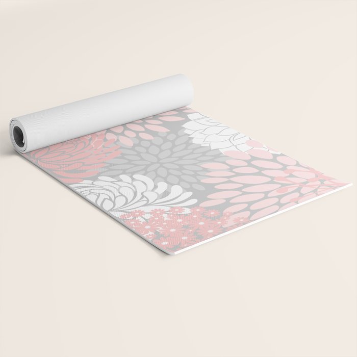 Festive, Floral Prints, Bloom Mix, White and Pink on Grey Yoga Mat Gallery Image 2