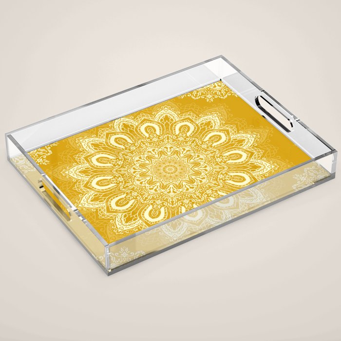 Boho Mustard Yellow Mandala Flower Acrylic Tray Gallery Image 1