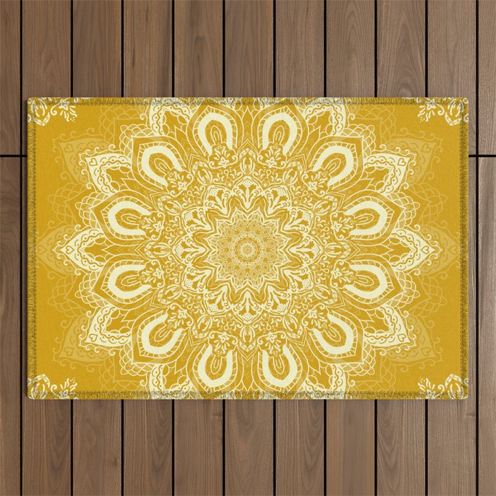 Boho Mustard Yellow Mandala Flower Outdoor Rug Gallery Image 1