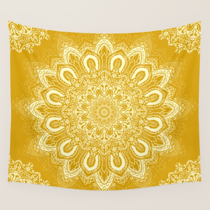 Boho Mustard Yellow Mandala Flower Wall Tapestry Gallery Image 1