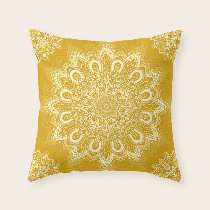 Boho Mustard Yellow Mandala Flower Throw Pillow Gallery Image 1