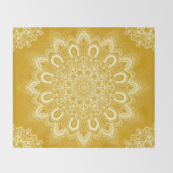 Boho Mustard Yellow Mandala Flower Throw Blanket Gallery Image 2