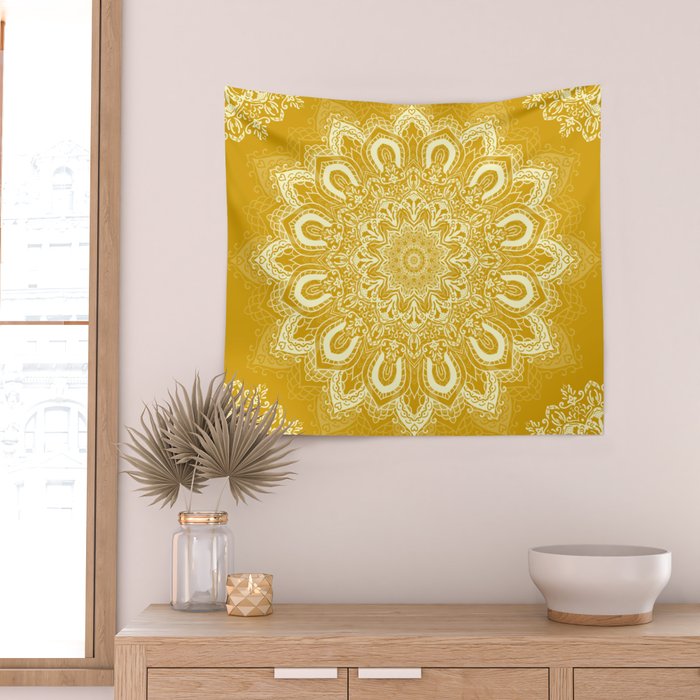 Boho Mustard Yellow Mandala Flower Wall Tapestry Gallery Image 2