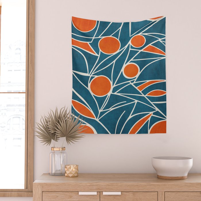 Teal Orange Abstract Leaves Modern Art Wall Tapestry Gallery Image 2