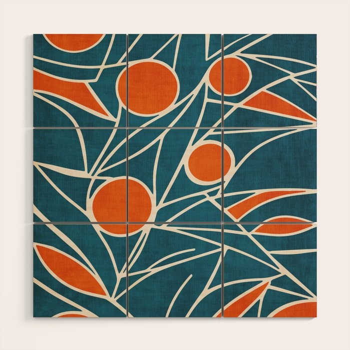 Teal Orange Abstract Leaves Modern Art Wood Wall Art Gallery Image 1