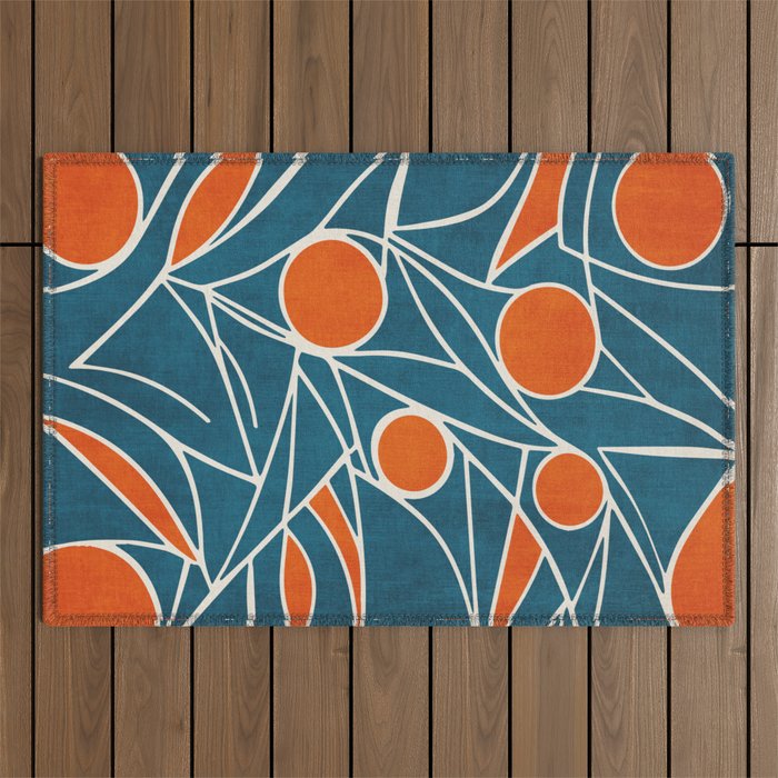 Teal Orange Abstract Leaves Modern Art Outdoor Rug Gallery Image 1