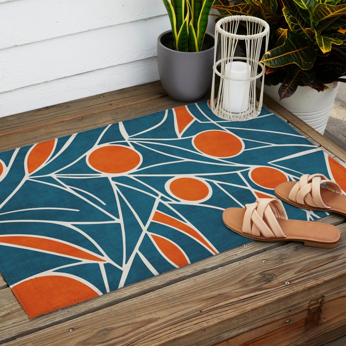Teal Orange Abstract Leaves Modern Art Outdoor Rug Gallery Image 2