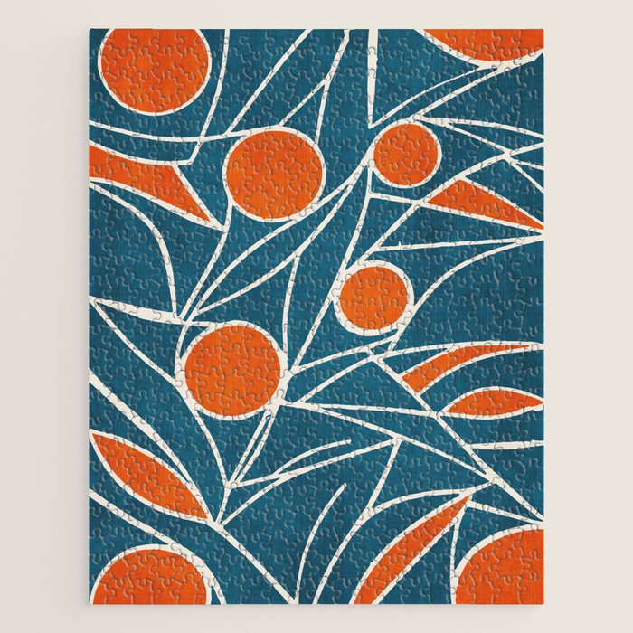 Teal Orange Abstract Leaves Modern Art Jigsaw Puzzle Gallery Image 1
