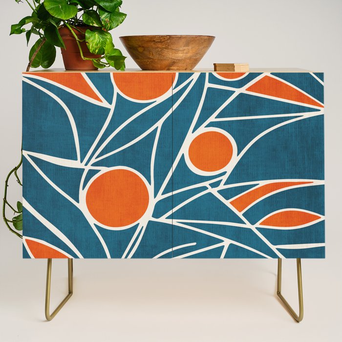 Teal Orange Abstract Leaves Modern Art Credenza Gallery Image 1