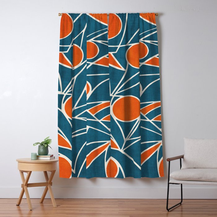Teal Orange Abstract Leaves Modern Art Window Curtain Gallery Image 5
