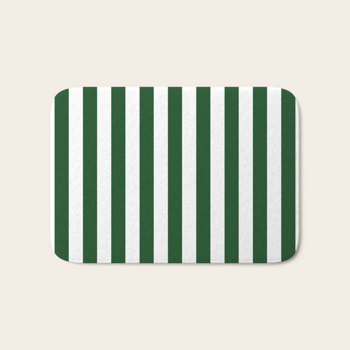 Large Forest Green and White Rustic Vertical Beach Stripes Bath Mat Gallery Image 1