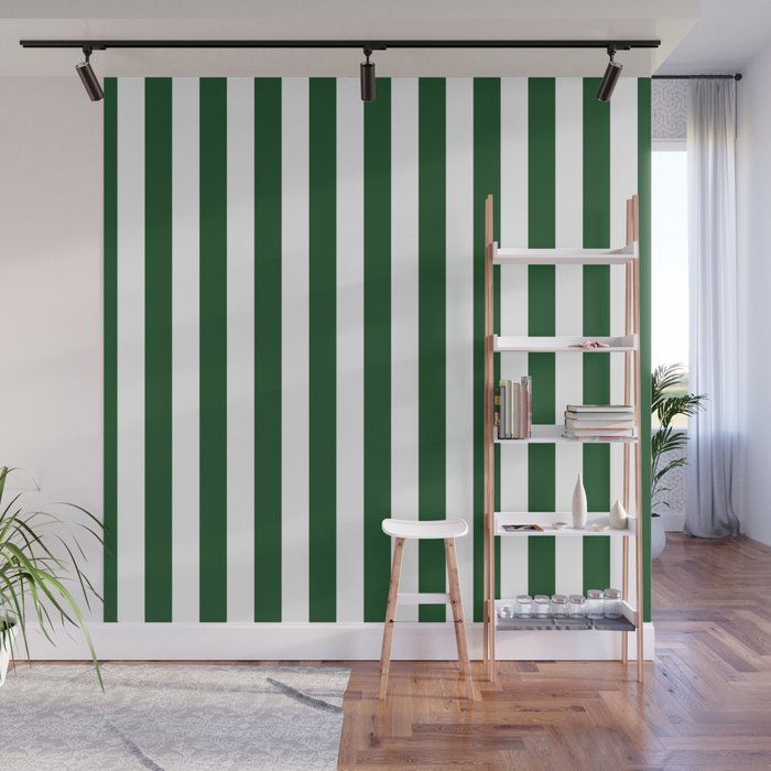 Large Forest Green and White Rustic Vertical Beach Stripes Wall Mural Gallery Image 1