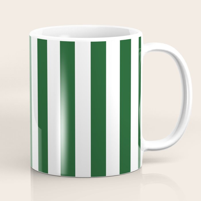Large Forest Green and White Rustic Vertical Beach Stripes Coffee Mug Gallery Image 1
