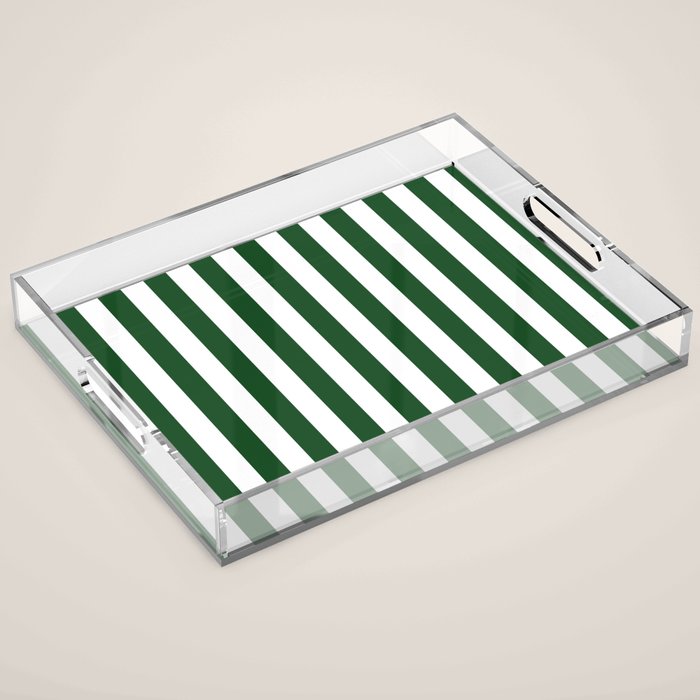 Large Forest Green and White Rustic Vertical Beach Stripes Acrylic Tray Gallery Image 1