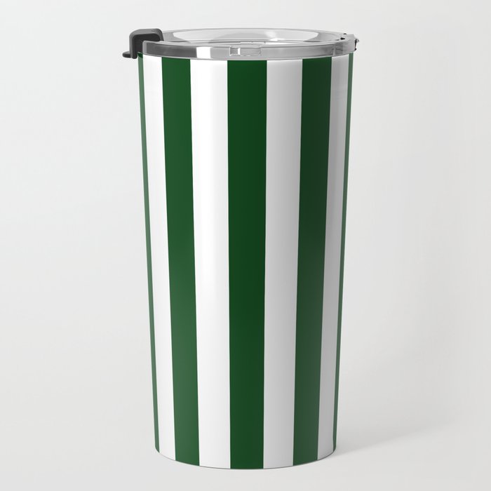 Large Forest Green and White Rustic Vertical Beach Stripes Travel Mug Gallery Image 3