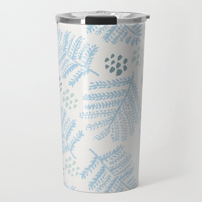 Winter & Woodsy Pine Trees in White & Blue Travel Mug Gallery Image 1