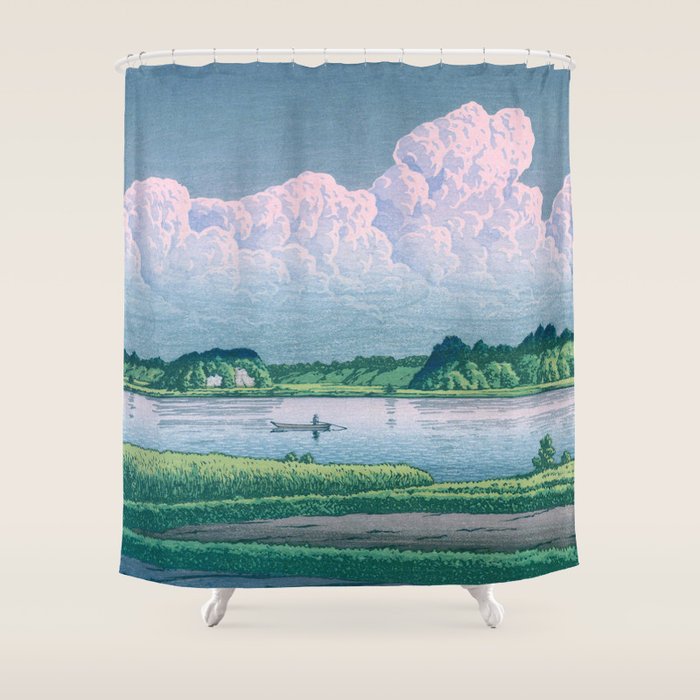 Kawase Hasui, Clouds Over Teganuma Lake - Vintage Japanese Woodblock Print Shower Curtain Gallery Image 1