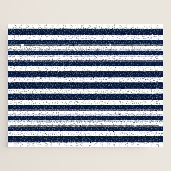 Nautical Navy Blue and White Rough Stripes Pattern Jigsaw Puzzle Gallery Image 1