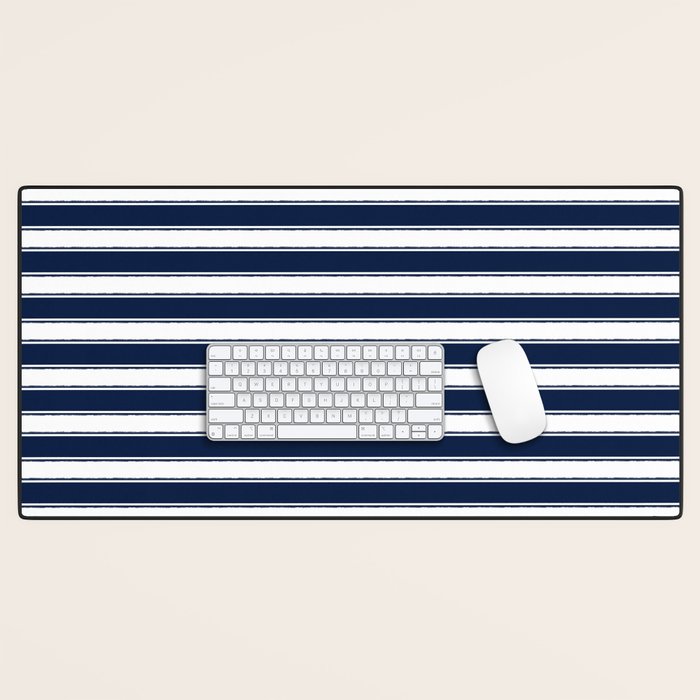 Nautical Navy Blue and White Rough Stripes Pattern Desk Mat Gallery Image 1