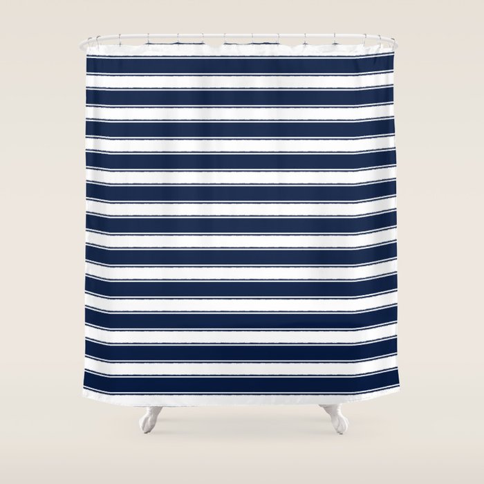 Nautical Navy Blue and White Rough Stripes Pattern Shower Curtain Gallery Image 1
