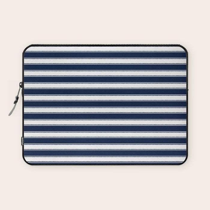 Nautical Navy Blue and White Rough Stripes Pattern Laptop Sleeve Gallery Image 1